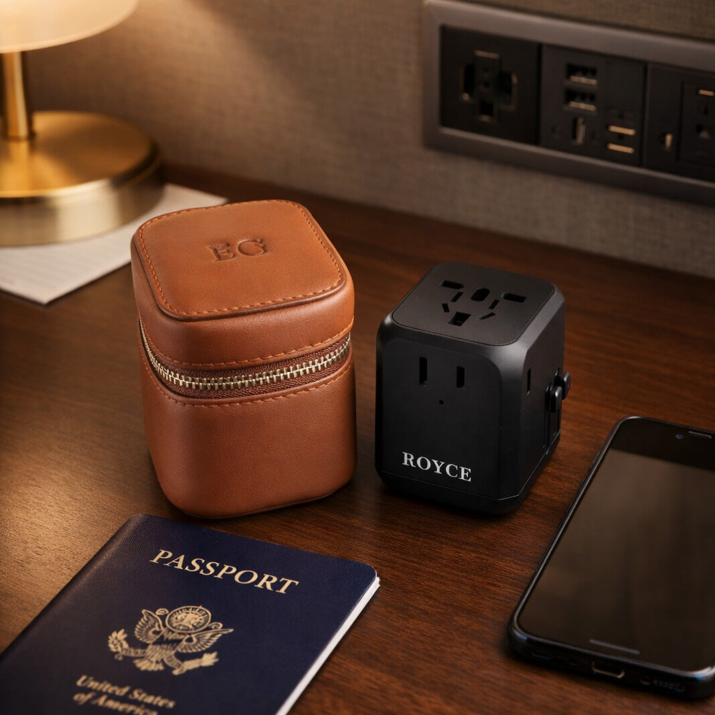 ROYCE New York Monogrammed International Travel Adapter and Leather Case