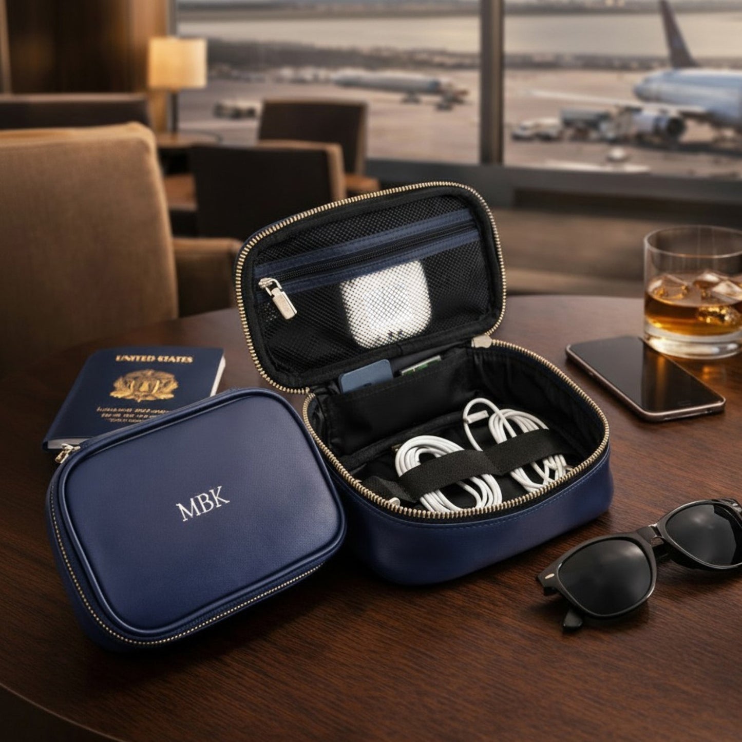Monogrammed Leather Travel Tech Accessory Organizer Case