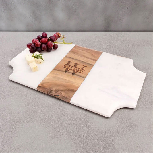 Signature Engraved Wood and Marble Beveled Cheese Board