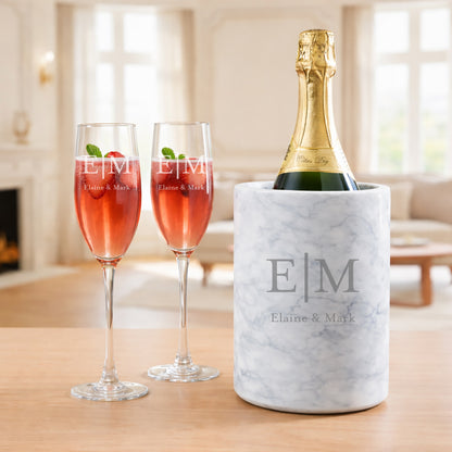 Monogram Engraved Champagne Glasses with Marble Bottle Chiller Set