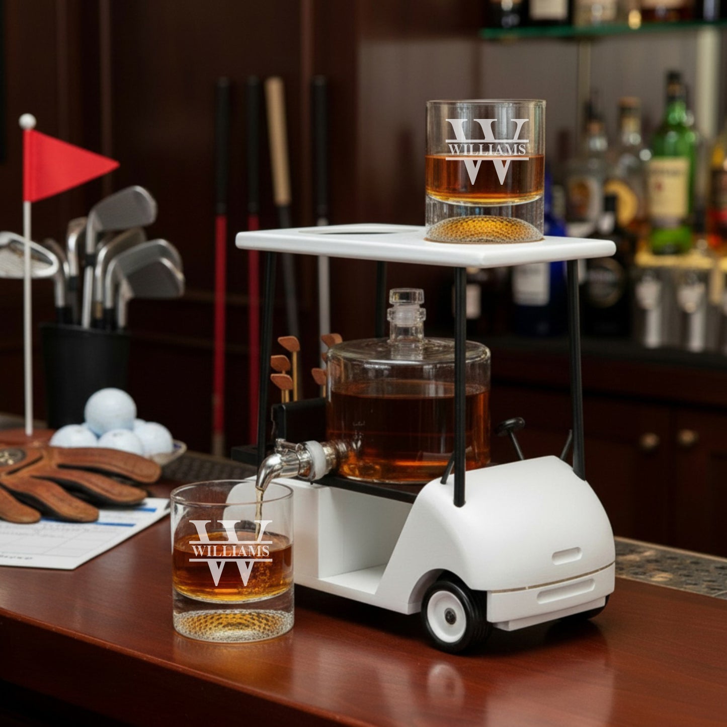Personalized Golf Cart Whiskey Decanter & Golf Ball Glasses Gift Set