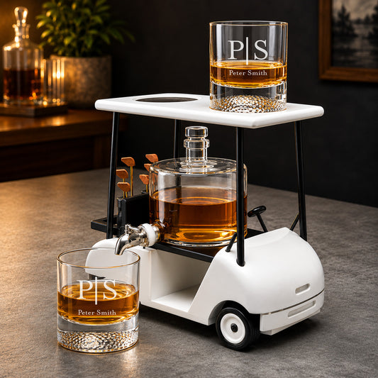 Personalized Monogram Golf Cart Whiskey Decanter & Golf Ball Glasses Gift Set
