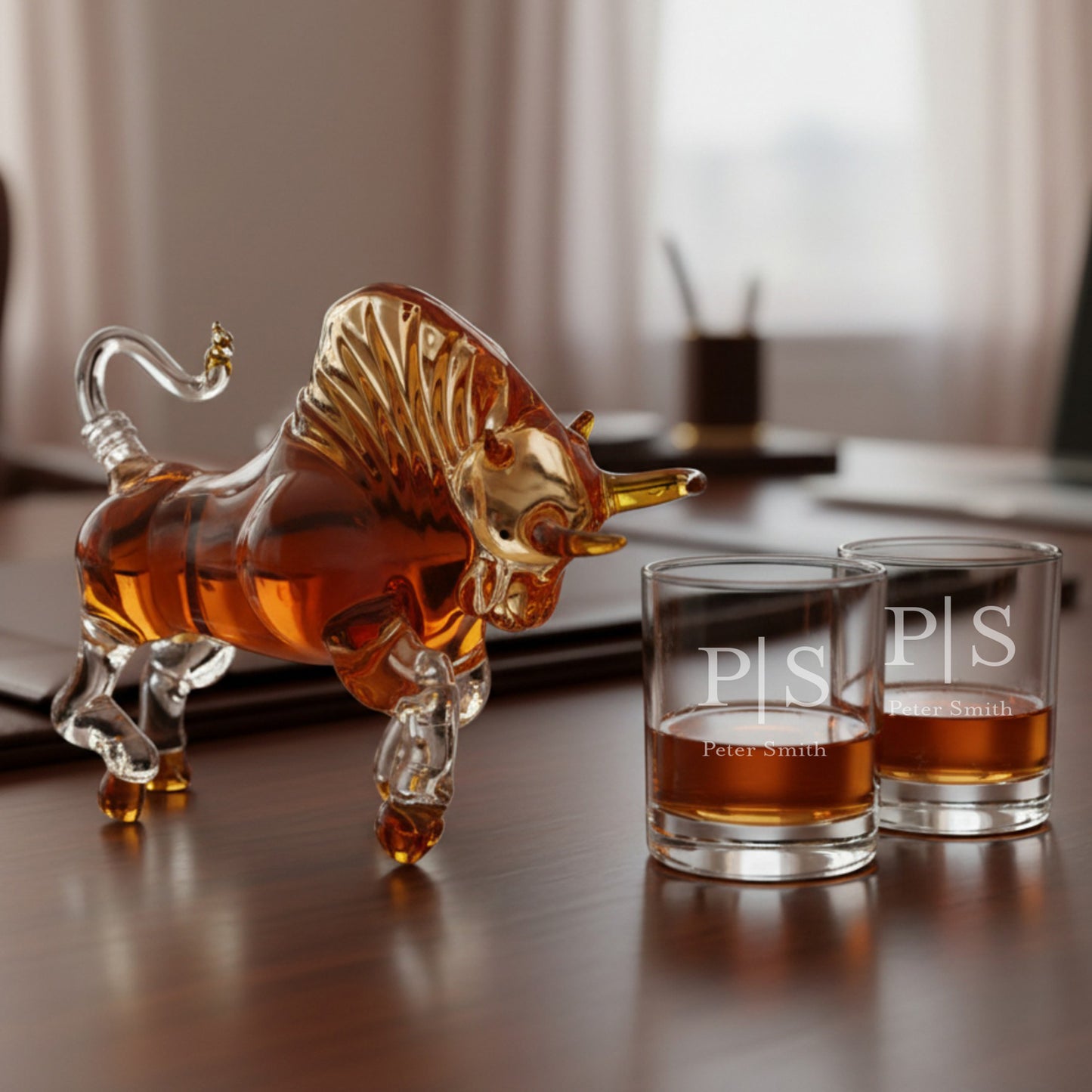 Monogram Bull Whiskey Decanter Set with Monogrammed Whiskey Glasses, Set of 3
