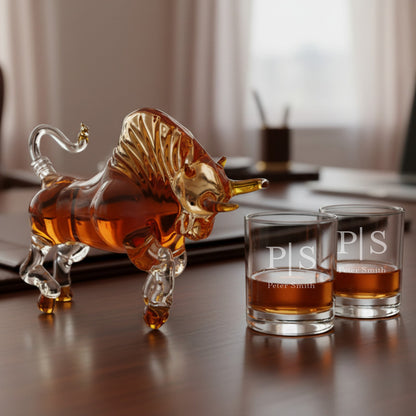 Monogram Bull Whiskey Decanter Set with Monogrammed Whiskey Glasses, Set of 3