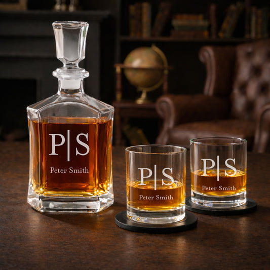 Monogram Personalized Whiskey Decanter with Whiskey Rocks Glasses Set - 3pc