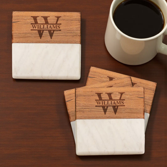 Monogram Engraved Wood & Marble Coasters – Set of 4