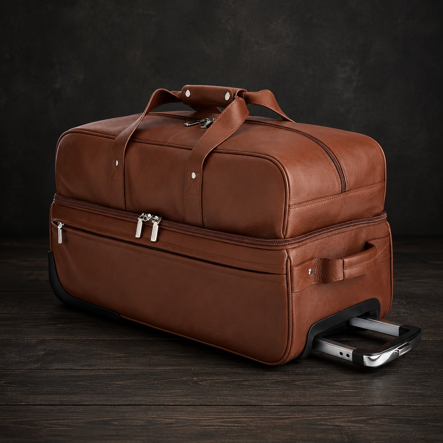 ROYCE New York Monogrammed Tan Leather Executive Rolling Duffel Suitcase