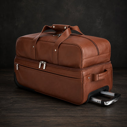 ROYCE New York Monogrammed Tan Leather Executive Rolling Duffel Suitcase