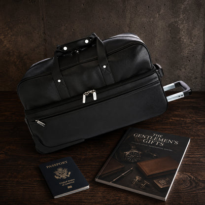 ROYCE New York Monogrammed Black Leather Executive Rolling Duffel Suitcase