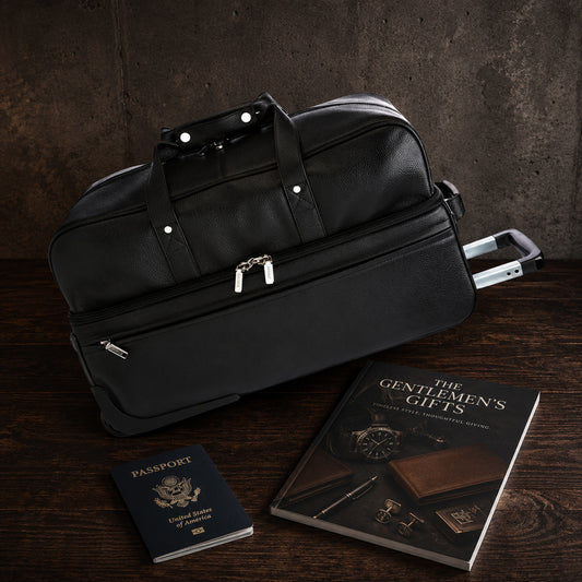 ROYCE New York Monogrammed Black Leather Executive Rolling Duffel Suitcase