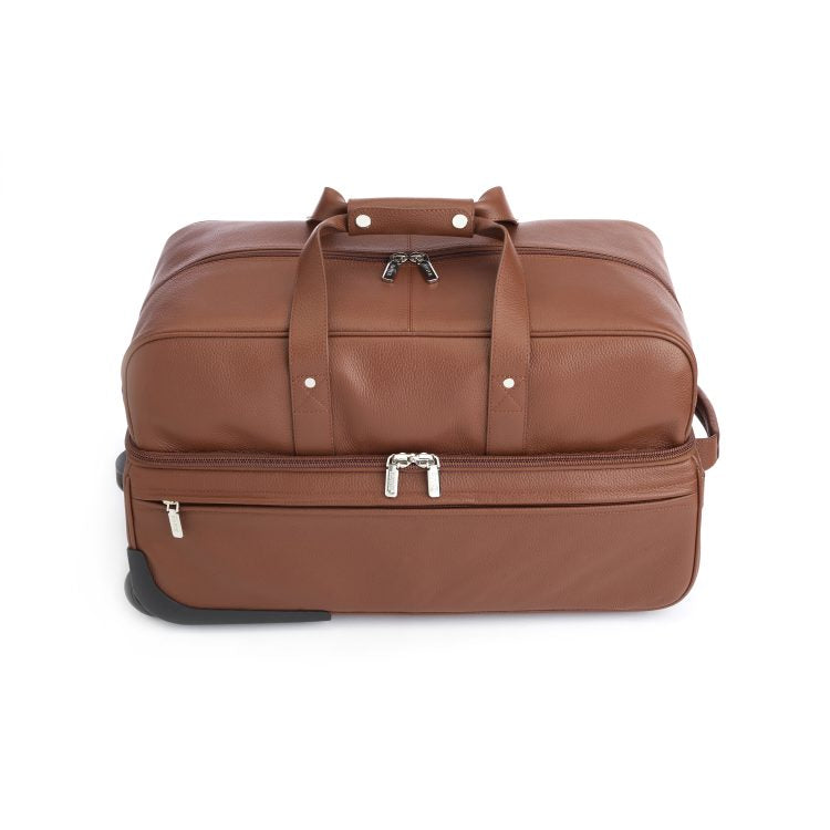ROYCE New York Monogrammed Tan Leather Executive Rolling Duffel Suitcase