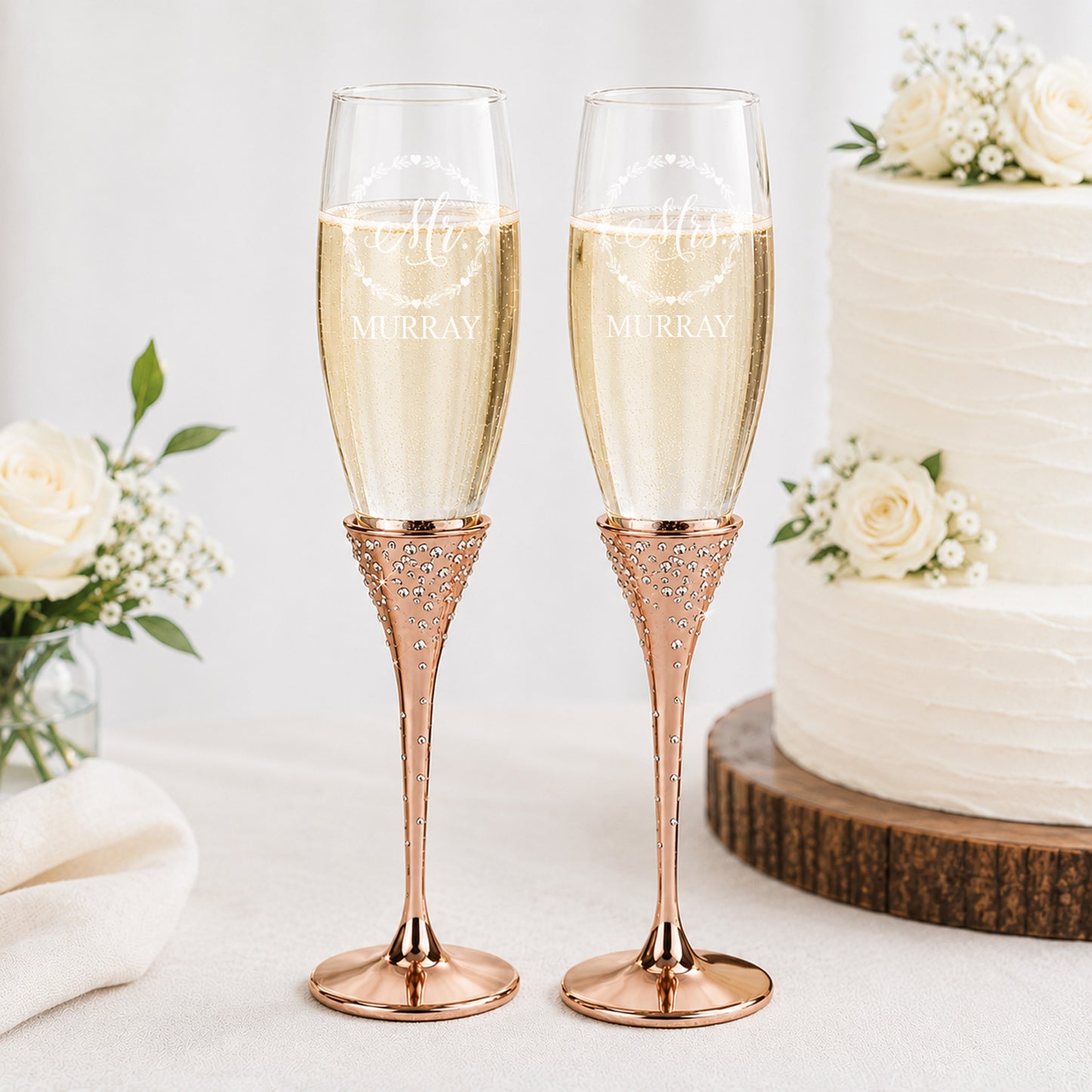 Mr and Mrs Wreath Personalized Rose Gold Wedding Flute Set
