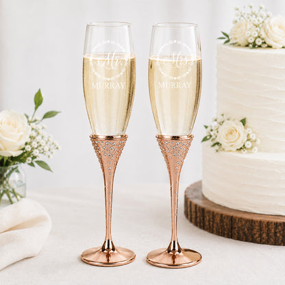 Mr and Mrs Wreath Personalized Rose Gold Wedding Flute Set