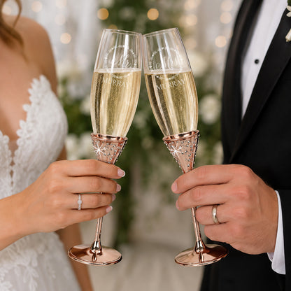 Mr and Mrs Wreath Personalized Rose Gold Wedding Flute Set