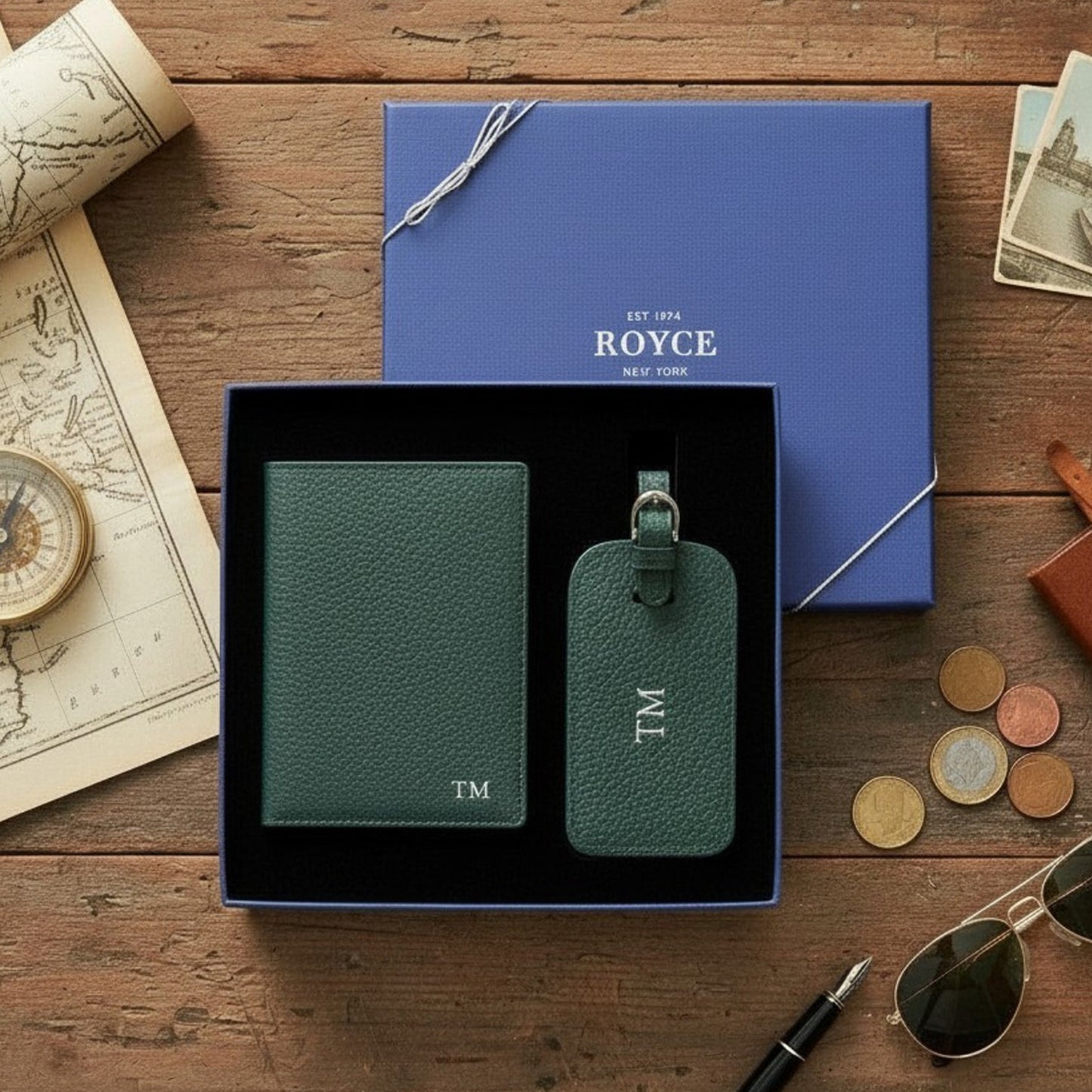 ROYCE New York Monogrammed RFID Passport Case Luggage Tag Set