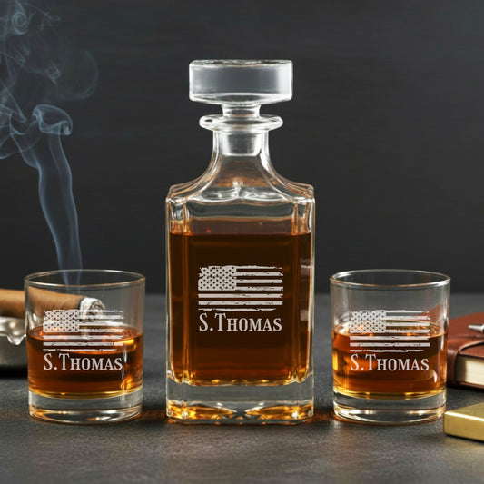 Patriotic Military Personalized Classic Whiskey Decanter with Glasses Gift Set