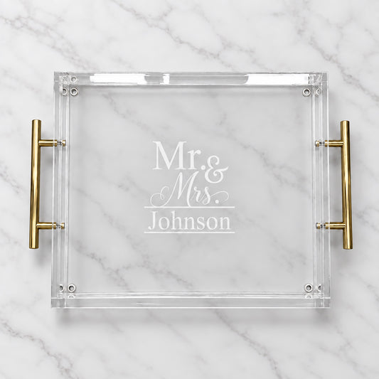 Personalized Mr. and Mrs. Acrylic Serving Tray w/ Gold Handles