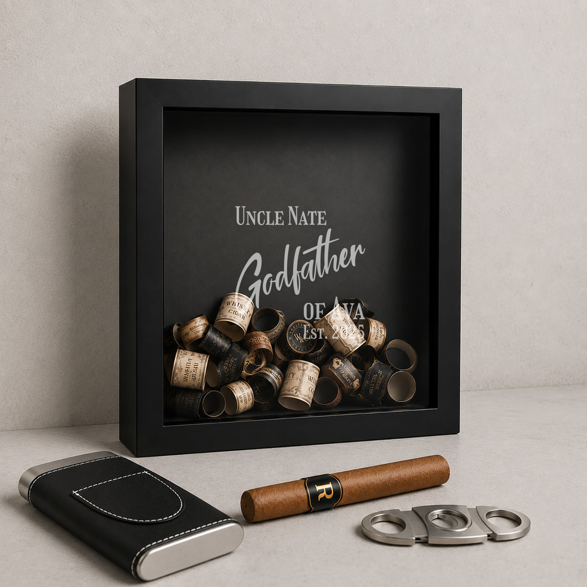 Personalized Cigar Label Display Case for Godfather – Shadow Box Keepsake