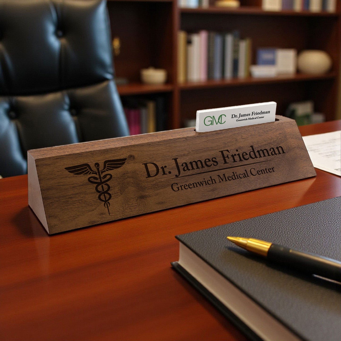 Doctor Personalized Walnut Wood Name Plate with Business Card Holder