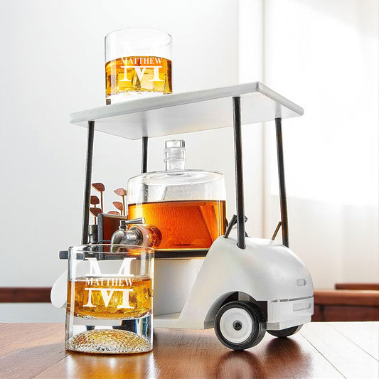 Personalized Golf Cart Whiskey Decanter & Golf Ball Glasses Gift Set