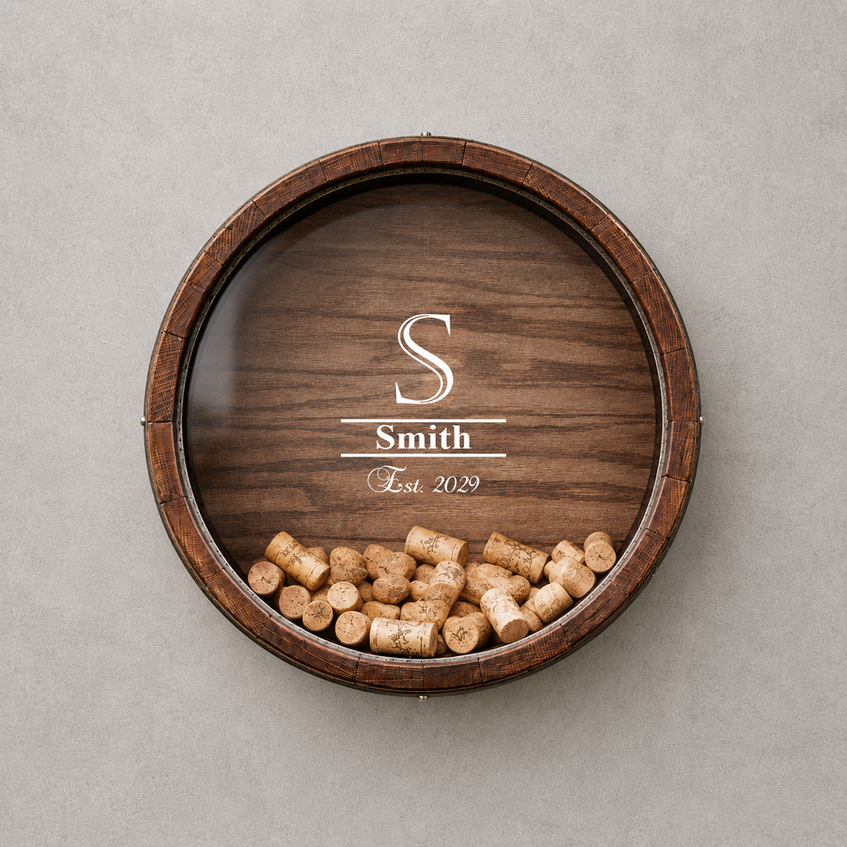 Personalized Monogram Reclaimed Wine Barrel Cork Display