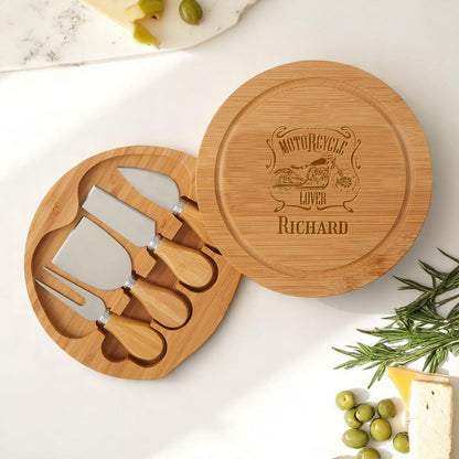 Motorcycle Rider Personalized Swivel Cheese Board Gift Set