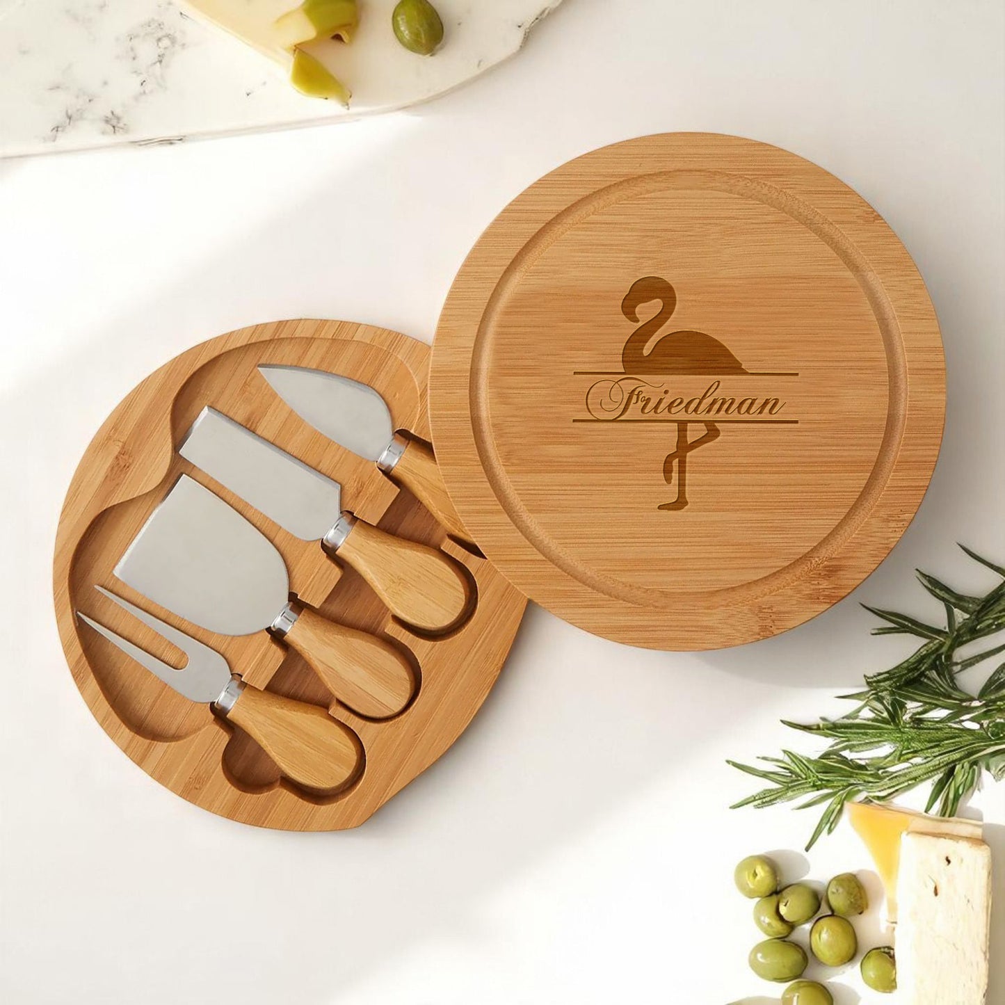 Flamingo Personalized Swivel Cheese Board Gift Set