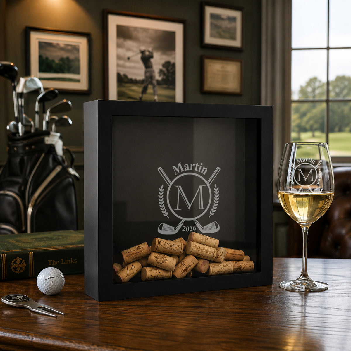 Personalized Golf Design Wine Cork Display Case Shadow Box