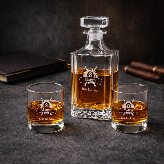 Pool Billiard Eight-Ball Personalized Classic Whiskey Decanter with Glasses Gift Set