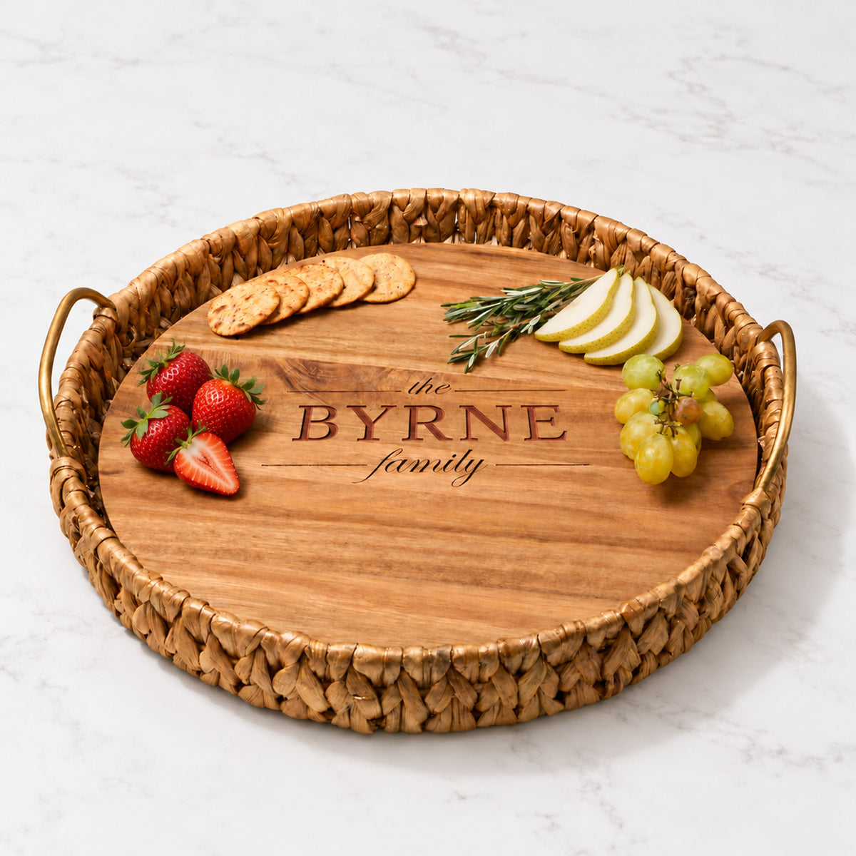 The Family Water Hyacinth Round Tray With Personalized Acacia Board
