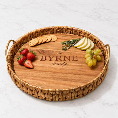 The Family Water Hyacinth Round Tray With Personalized Acacia Board