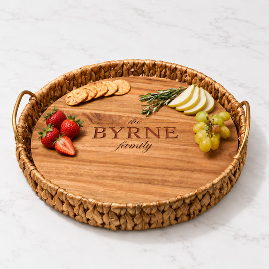 The Family Water Hyacinth Round Tray With Personalized Acacia Board