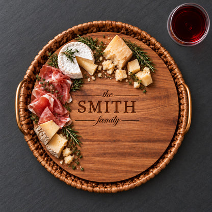 The Family Water Hyacinth Round Tray With Personalized Acacia Board
