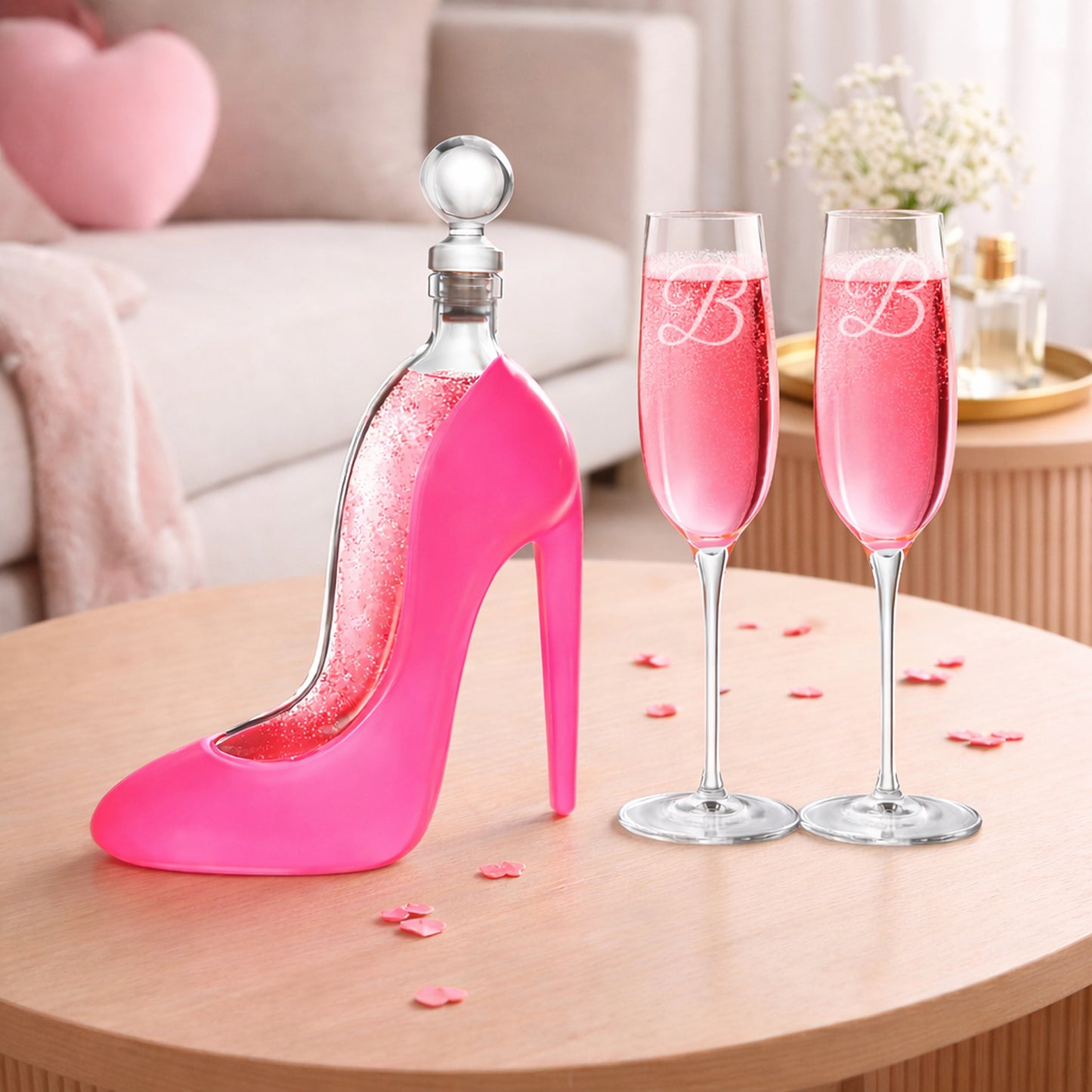 Runway Pink High Heel Decanter with Personalized Champagne Glasses, Set of 3