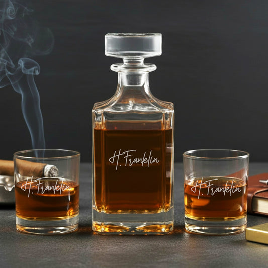 Signature Personalized Classic Whiskey Decanter with Whiskey Glasses