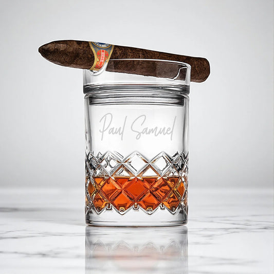 Signature Etched Whiskey Glass and Cigar Holder Ashtray Set
