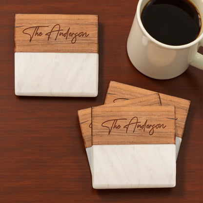 Signature Collection Engraved Wood & Marble Coasters – Set of 4