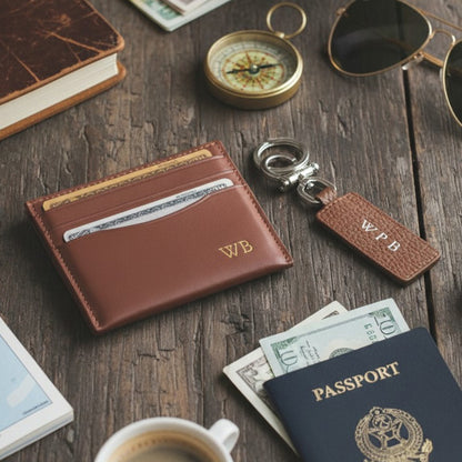 ROYCE New York Monogrammed RFID Blocking Slim Card Holder Wallet with Luxe Key Chain Set