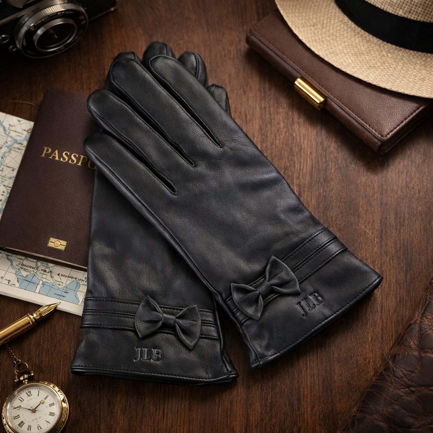 ROYCE New York Monogrammed Touchscreen Compatible Women’s Leather Gloves with Cashmere Lining