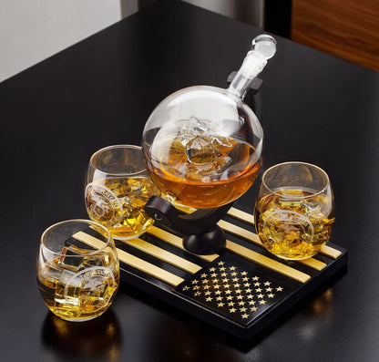U.S. Marine Globe Whiskey Decanter Set with 4 Liquor Glasses Set