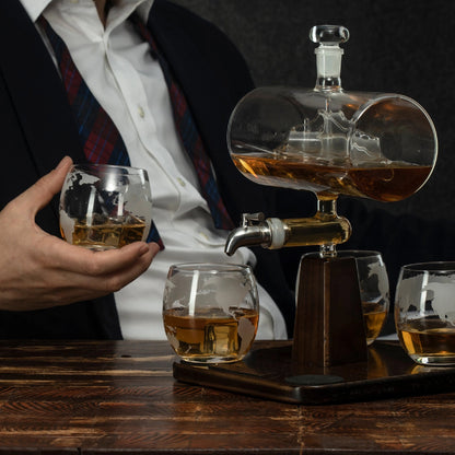 Vintage Ship Whiskey Decanter with Globe Glasses Set