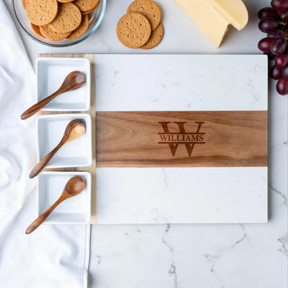 Monogram Engraved Wood and Marble Appetizer Serving Platter