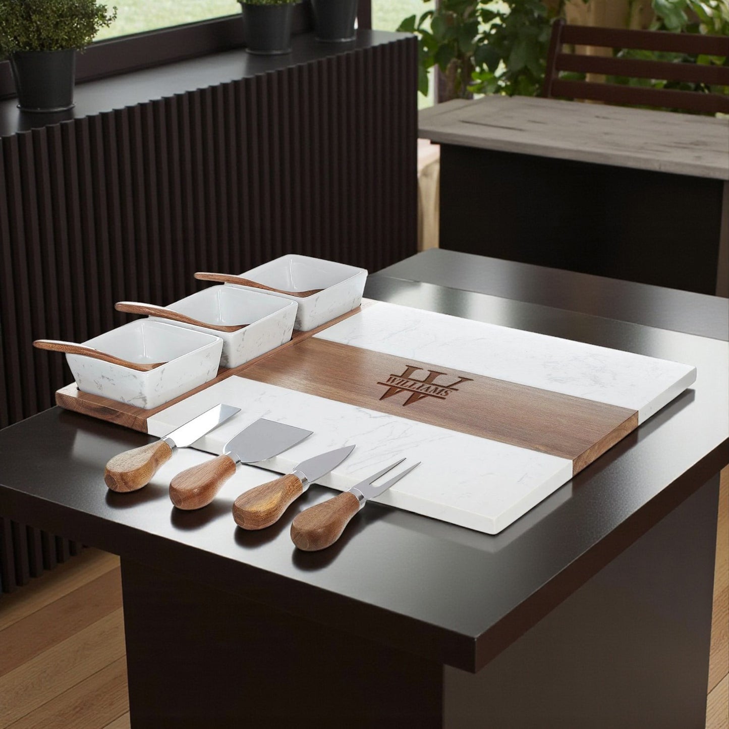 Monogram Engraved Wood and Marble Appetizer Serving Platter