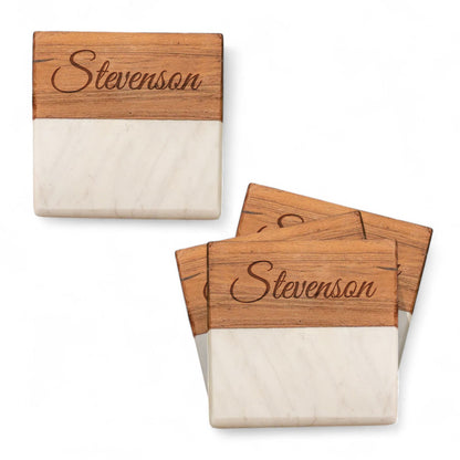 Engraved Wood & Marble Coasters – Set of 4