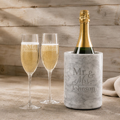 Mr and Mrs Engraved Champagne Glasses with Marble Bottle Chiller Set
