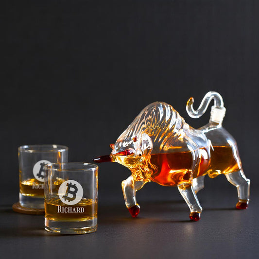 Bitcoin Crypto Personalized Bull Whiskey Decanter Set with Whiskey Glasses