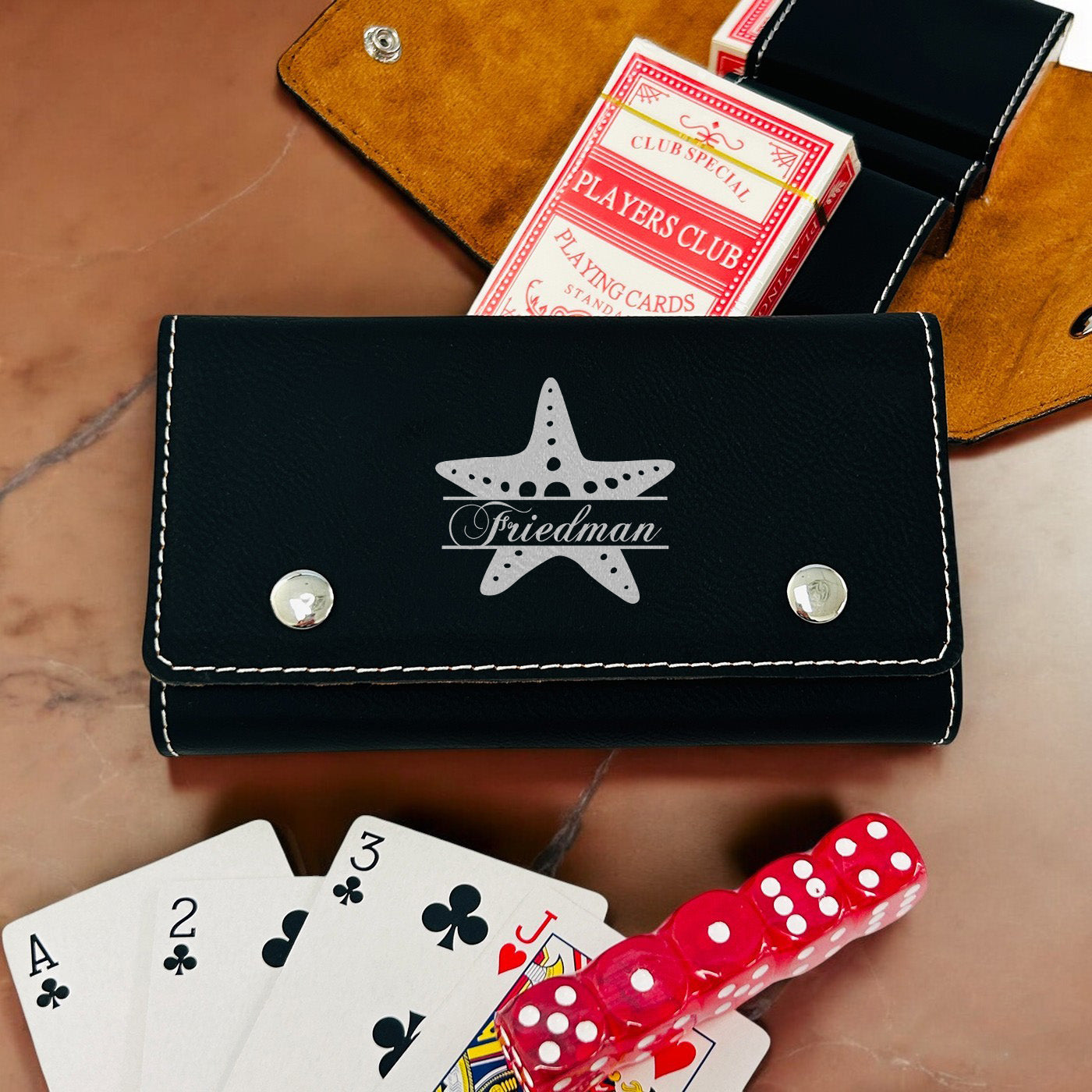 Starfish Personalized Leather Travel Case with Playing Cards and Dice Set