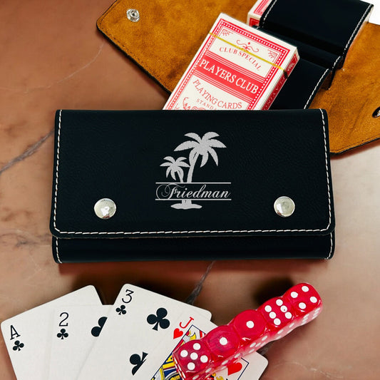 Palm Tree Personalized Leather Travel Case with Playing Cards and Dice Set