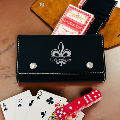 Fleur De Lis Personalized Leather Travel Case with Playing Cards and Dice Set