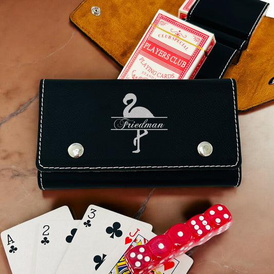 Flamingo Personalized Leather Travel Case with Playing Cards and Dice Set